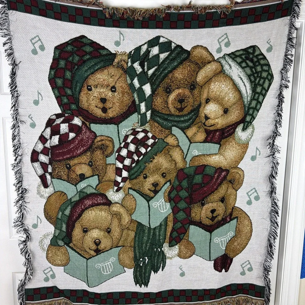 Christmas Teddy Bear Carolers Woven Tapestry Throw Blanket Holiday Afghan 50x60